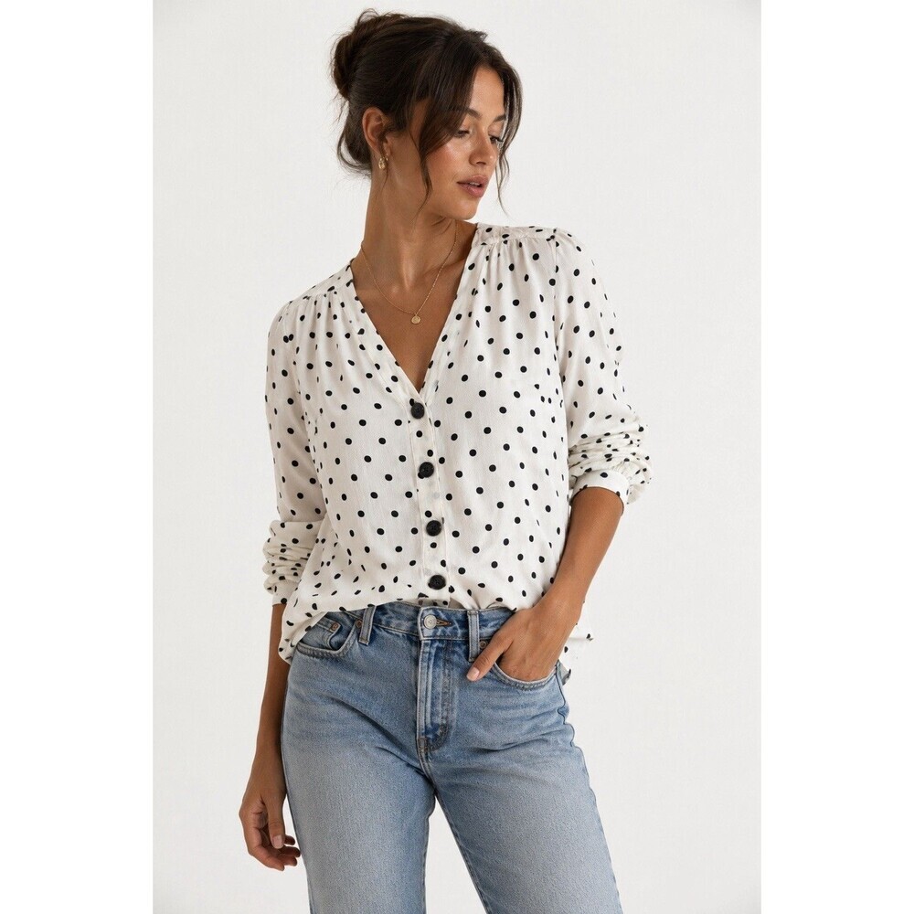 Maeve Anthropologie Jourdain Polka Dot Long Sleeve Ruched Button-Up Women's S